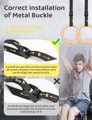 GHB Gymnastic Rings Wooden Gym Rings 1.25" 2 Pack Buckle and Carabiner Numbered Straps
