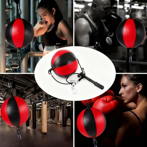 Double End Punching Bag Boxing Striking for Training - Speed Ended Set Includes 3 Reflex Ball Headband and Pump- Portable MMA - color: Red