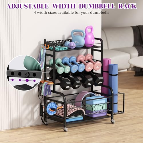 Dumbbell Rack, VOPEAK Adjustable Weight Rack for Home Gym, Home Gym Storage Rack for Yoga Mat Kettlebells and Strength Training Equipment, Weight Storage Rack for Dumbbells with Wheels