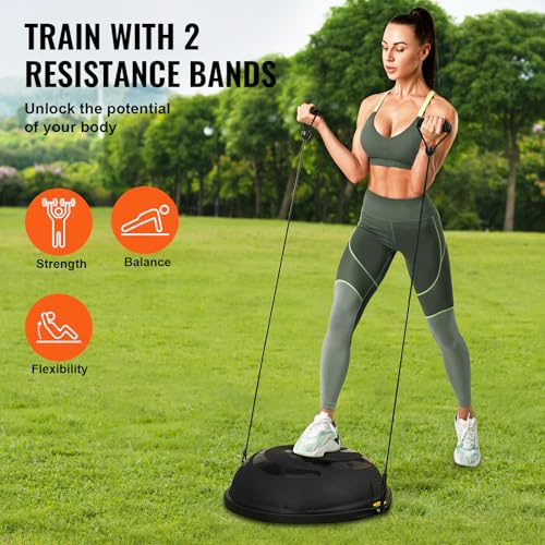 VEVOR Half Exercise Ball Trainer, 23/26 inch Balance Ball Trainer, 1500lbs Capacity Stability Ball, Yoga Ball with Resistance Bands & Foot Pump, Strength Fitness Ball for Home Gym Full Body Workout - color: 26" Waterflow Black