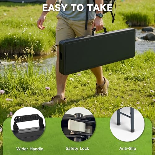 6FT Folding Bench - Safety Lock Button, 770lbs Heavy Duty Capacity with Wider Carrying Handle, Foldable Portable Bench for Outdoor, Picnic, Storage and Camping - Black, 1 Pack