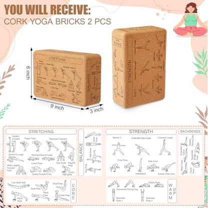Halloscume Cork Yoga Blocks 2 Pack Yoga Poses Teaching Cork Blocks, Suitable Poses for Beginners and Experts High Density Block with Non Slip Surface for Better Support, Balance Comfort (Beige)