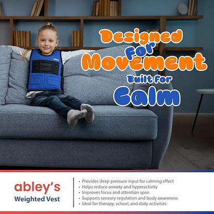 abley's Children's Sensory Weighted Vest for Children with Sensory Issues, Autism, ADHD | Adjustable Therapeutic Support | Compression Vest | Includes 6 Removable Weights | Blue, Large