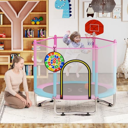 GYMAX Trampoline for Kids, 60” Toddler Rebounder with Basketball Hoop & Dart Board, All-Round Enclosure Net,Mini Indoor Kids Trampoline for Boys & Girls