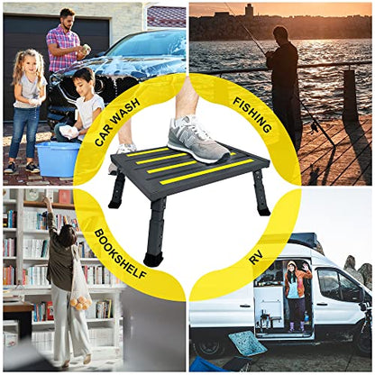 Adjustable Height Aluminum RV Step, Stable Foldable Platform Step Stool, Supports Up to 1,000 lb, Non-Slip Rubber Feet and Platform Mat, Easy to Carry (Black)