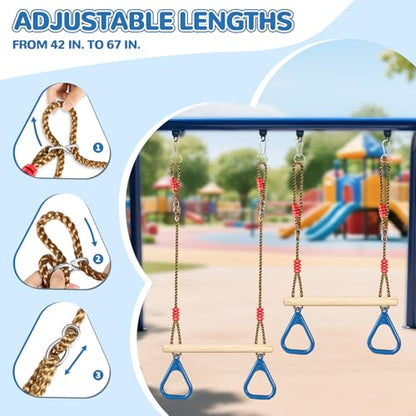 LadyRosian Wooden Trapeze Swing Bar, Adjustable Height Swing Set, Gym Rings, Playground Attachments, 16.5" Monkey Bar for Backyard, Playground, Playroom (Blue) - color: Blue