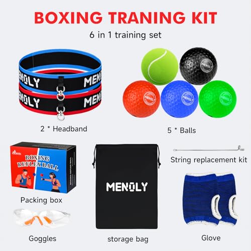 MENOLY 5pcs Boxing Reflex Balls Set, 2 Adjustable Headbands, 1 Pair Goggles and Gloves, Speed Training Equipment for Hand Eye Coordination, Agility, Great Gift for Men, Boxers & Fitness Fans