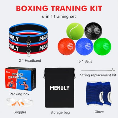 MENOLY 5pcs Boxing Reflex Balls Set, 2 Adjustable Headbands, 1 Pair Goggles and Gloves, Speed Training Equipment for Hand Eye Coordination, Agility, Great Gift for Men, Boxers & Fitness Fans