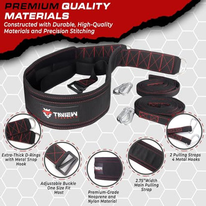 TAVIEW Sled Pulling Belt with Adjustable Closure, 2 Sled Pulling Straps & 4 Hooks – Ideal for Resistance Training, Strength