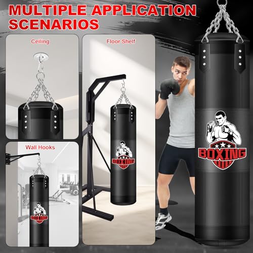 Punching Bag for Adults, 4FT PU Heavy Boxing Bags with Chain Ceiling Hook, Hanging Boxing Bag for Kickboxing Muay Thai Karate Judo Taekwondo Home Gym Training, Unfilled - style: Fighter