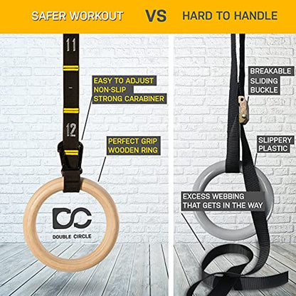 Gymnastics Rings with Quick Adjust Numbered Straps and Exercise Videos Guide - Full Body Gym Rings - Calisthenics Rings Wooden Rings 1.25" (Wax Oil Finish)