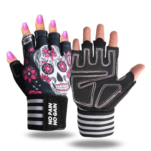 Weight Lifting Gloves for Women Gym Workout with Wrist Support,Padded Half Finger Gloves for Fitness Exercise - color: Pink&Bones, size: Medium