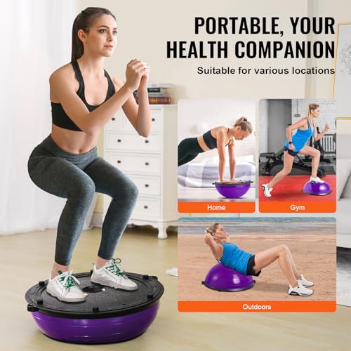 VEVOR Half Exercise Ball Trainer, 23/26 inch Balance Ball Trainer, 1500lbs Capacity Stability Ball, Yoga Ball with Resistance Bands & Foot Pump, Strength Fitness Ball for Home Gym Full Body Workout - color: 23" Ripple Purple