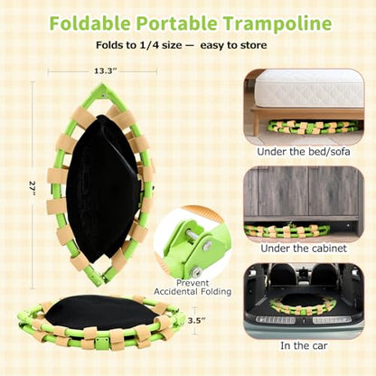 36'' Mini Trampoline for Kids 3-6, Foldable & Spring-Free, Small Toddler Trampoline Indoor Outdoor with Adjustable Handle Bar - color: Yellow & Green