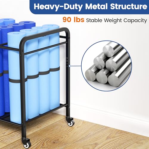 Black Yoga Mat Storage Rack Basket with Wheels, Floor-Standing Metal Yoga Mat Cart Workout Equipment for Foam Roller Dumbbells Kettlebells,in Gym,Fitness Classes, Yoga Studio & Home Gym