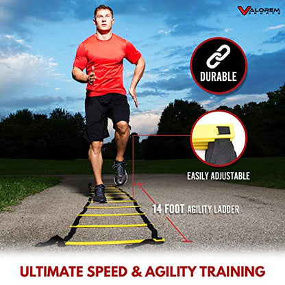 Speed & Agility Training Equipment Set - Includes 4 Agility Hurdles, 20 Disc Cones, Agility Ladder, Adjustable Leg Resistance Bands, Speed Parachute, Jumping Rope & Carry Bag - Designed For All Sports