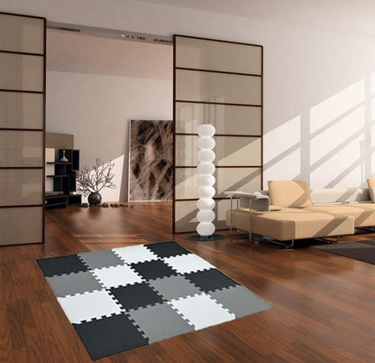 16 Pieces Foam Play Mat with Border, Interlocking Playmat Tiles, Foam Floor Mat Tiles, Puzzle Play Mats, Exercise Gym Mats – Color of Black & Grey & White