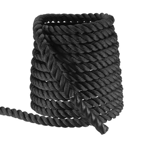 MECCANIXITY Battle Rope 40ft x 1.5 Inch Polyester Workout Rope Heavy Fitness Exercise Rope for Strength Training Home Gym Muscle Building, Black - color: Black, size: 1.5 Inch