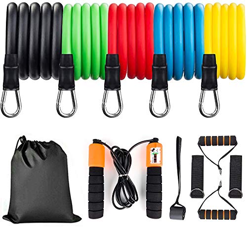 11 Pack Exercise Resistance Bands with Handles Exercise Stretch Fitness Home Set, With 5 Stackable Exercise Bands with Carry Bag, Handles, Legs Ankle Straps & Door Anchor, Automatic Counting Jump Rope