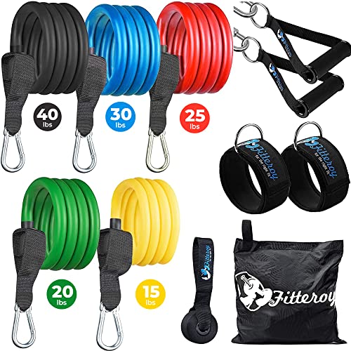 Home Gym Workout Bands - Resistance Band Weight Set Includes 5 Stackable Tension Bands, Premium Exercise Handles, Ankle Straps, Door Anchor and Carry Bag for Exercise & Physical Therapy