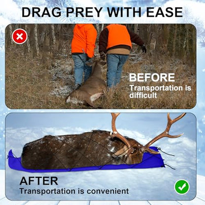 1 Pcs Dual Harness Deer Drag Harness and 1 Pcs Drag Sleds Heavy Duty Deer Dragging Strap with 2 Rope, Hunting Equipment for Hauling Elk Turkeys Game Animals(Tapered End,Blue)