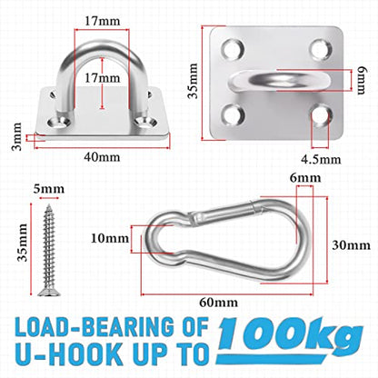 4 PCS M6 Premium Heavy Duty Square Stainless Steel Pad Eye Hooks + 4PCS Snap Hooks and 16 PCS Screws with 16 PCS Plastic Expansion Tube, Ceiling Hooks Heavy Duty for Outdoor Indoor Activity
