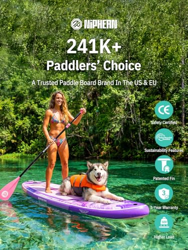 Niphean (Extra Large) Inflatable Paddle Board, SUP for 2+1 People/Family 500lbs Capacity Stand Up Paddle Board with SUP Accessories, StabilTrac Fin Non-Slip Paddleboard for Adults - color: Violet