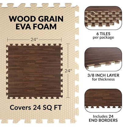 Stalwart Wood Grain Foam Floor Tiles - 24sqft Total, Dark, 6-Pack - color: Dark Wood Grain, size: 6 Pack