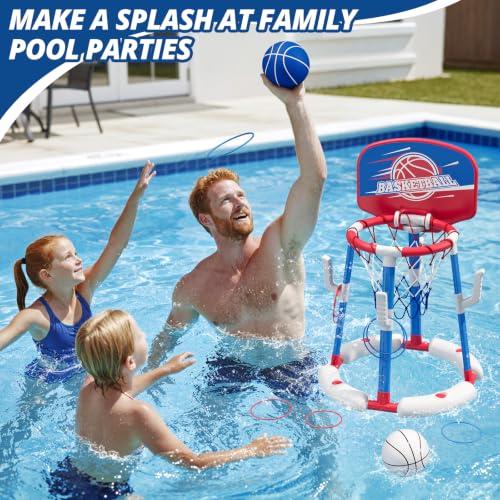 HYES 2 in 1 Pool Basketball Hoop with Ring Toss, Floating Pool Toys, Red - style: with backboard