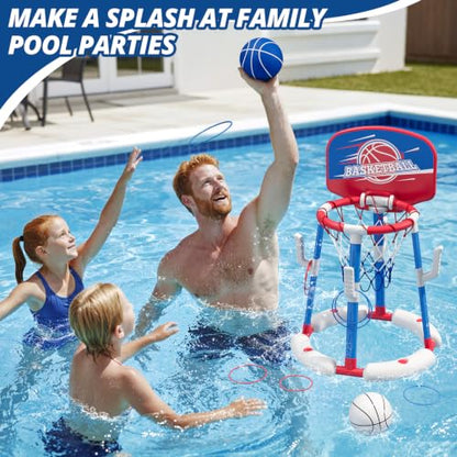 HYES 2 in 1 Pool Basketball Hoop with Ring Toss, Floating Pool Toys, Red - style: with backboard