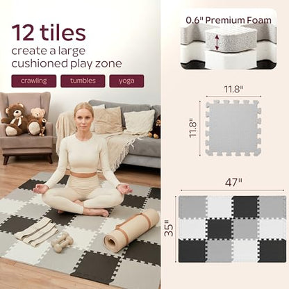 Foam Play Mat for Floor - 12 Interlocking Tiles 35x47 in, 0.6" Thick Puzzle Mat for Baby, Toddler & Home Gym, Cross-Texture EVA Foam, Edge Borders Included, Black White Gray
