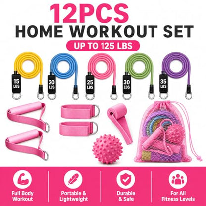 Resistance Bands Set with Handles - 5 Level Tubes (15-35 LBS), 12-Piece Home Gym Kit with Door Anchor, Ankle Straps & Massage Ball for Full Body Workout”