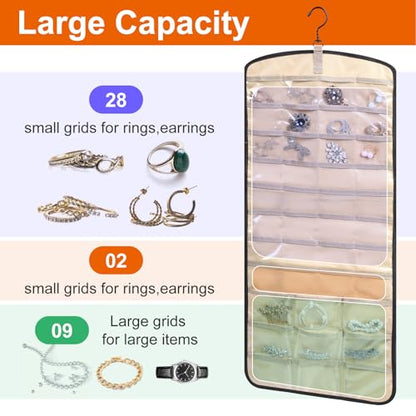 2 Pack Hanging Organizer Storage with 39 Pockets & 30 Hooks, Double Sided Wall Mount Jewelry Display for Earrings, Bracelets, Necklaces, Closet Door (Black, Large)