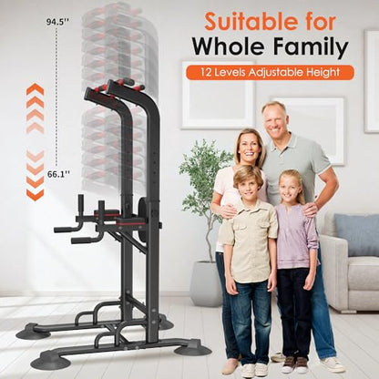 DlandHome Pull Up Bar Power Tower Dip Station, Height Adjustable Heavy Duty Workout Dip Stand, Multi-Functional Strength Training Machine for Men Women Home Gym - color: Black