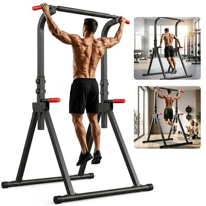 Foldable Power Tower Pullup Bar Standing, Multi-Function Adjustable Height Pull Up Dip Station for Gym Workout, Strength Training Fitness Equipment, Triangular Design for Home Outdoor