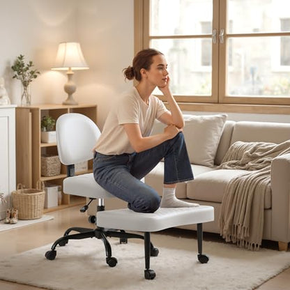Homall Ergonomic Cross Legged Office Desk Chair with Wheels, 360° Swivel and Adjustable Height for Meditation and ADHD,Criss Cross Kneeling Chair with Lumbar Support (Leather, White) - color: White