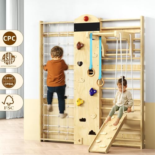 Indoor Climbing Wall, 10-in-1 Swedish Ladder, Indoor Playground for Kids and Adults, Rock Climbing Wall, Wooden Swing Sets, Gymnastic Rings, Wall Ladder, Rope Ladders, Stretching Balanced
