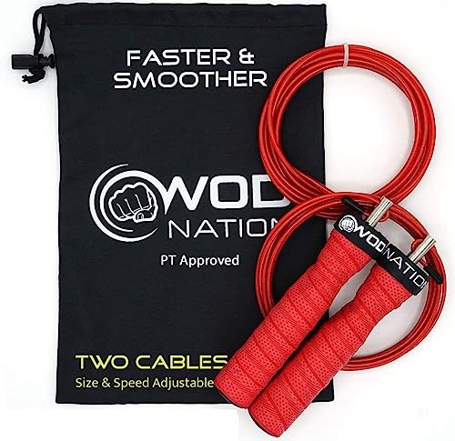 WOD Nation Attack Speed Jump Rope : Adjustable Jumping Ropes : Unique Two Cable Skipping Workout System : One Thick and One Light 11 Foot Cable : Perfect for Double Unders : Men and Women