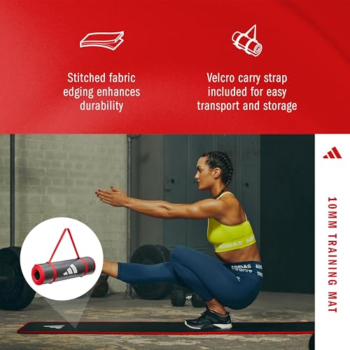 adidas 10mm Extra Thick Training Mat with Carrying Strap and Non-Slip Textured Base - Cushioned Workout Mat for Home Gym, Floor Workouts, and Intense Exercises - Portable and Durable