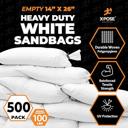 Xpose Safety Heavy Duty Sand Bags with Tie Strings – Empty Woven Polypropylene Sandbags for Hurricane Flood Protection, 100 lb Capacity, 14" x 26", White, Pack of 500 - color: White, size: 1 Count (Pack of 500)