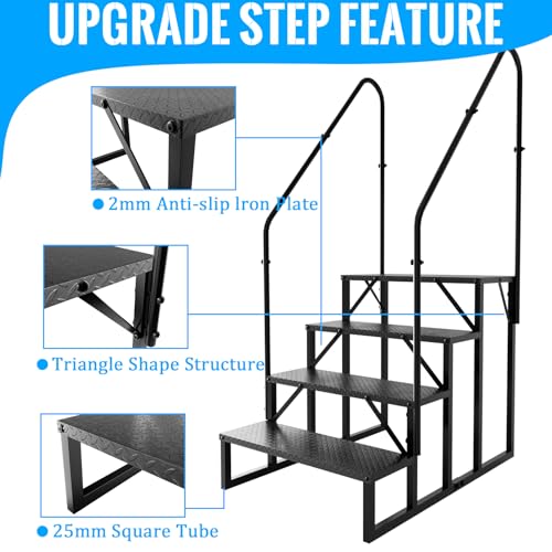 4 Step RV Stairs with 2 Handrails, 660LBS Heavy Duty Anti‑Slip Metal Steps, Detachable Outdoor Stairs for Hot Tub, 5th Wheel, Pool, Mobile Home, Porch, Pet Steps(2 handrails) - style: 4 handrails Step