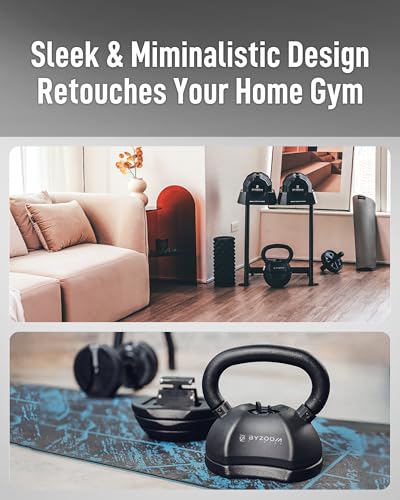 BYZOOM FITNESS Pure Series Adjustable Kettlebell 30/40/50LB - 5-IN-1 Weight Change, Patented Quick-Change Machenism, Ergonomic Curved Handle for Home Gym, Strength Training, HIIT, White OR Black