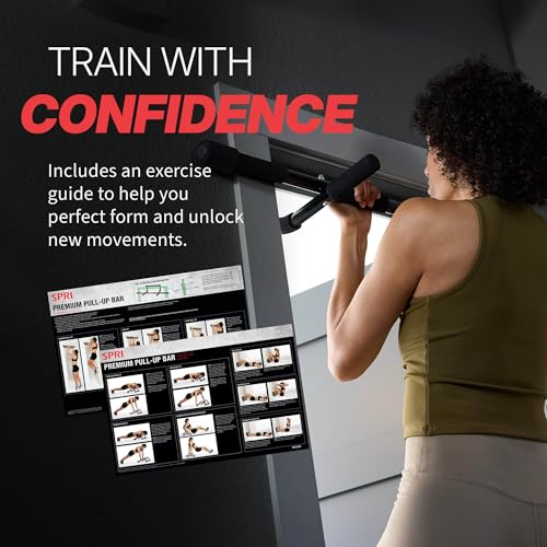 SPRI Pull Up Bar - 8-Grip and 12-Grip Door Frame Mounting Pull-Up Bar for Versatile Workouts - Rugged Steel Frame with Foam Handles - Supports 300 Pounds - Fits Door Frames Up to 32 in. Wide – Black