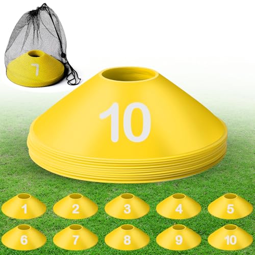 10 Pcs Numbered Sports Disc Cones 1-10 Soccer Cones with Mesh Carry Bag Flexible Agility Cones Soft Field Cones for Gym PE Classes School Activities Games, Sports Training Equipment