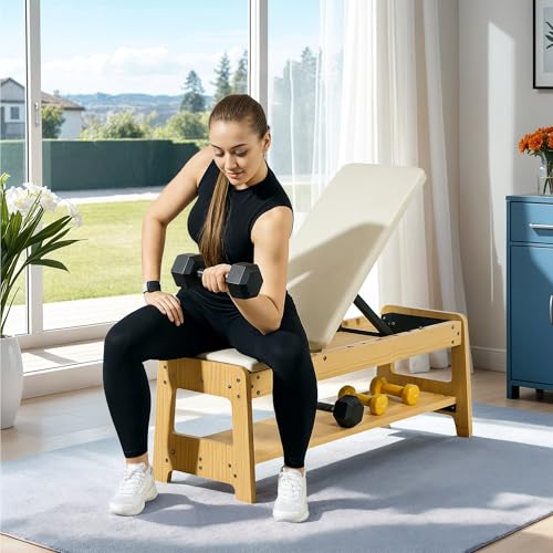 Soozier Adjustable Weight Bench with Dumbbell Rack, Wooden Workout Bench, Flat or Incline Bench for Home Gym Weight Lifting Training - color: White