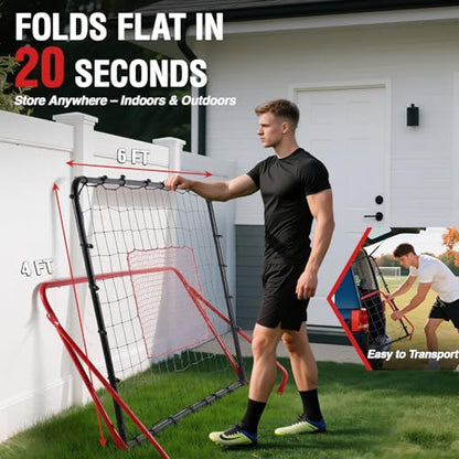 Soccer Rebounder Net, 10 Adjustable Angles 6x4FT Soccer Kickback Trainer for Passing, Ball Control & Volley Practice, Easy Setup Portable Football Training Net for Solo & Team Use