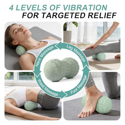 Silicone Vibrating Peanut Massage Ball Roller, Green | Water Resistant , Electric Double Lacrosse Massage Ball, 4 Intensities, For Muscle Tightness Deep Tissue, For Foot Back Hip