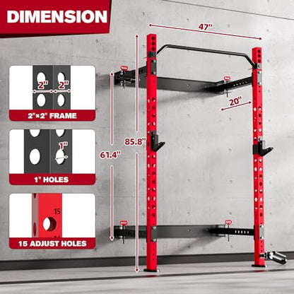MU 2" x 2" Folding Squat Rack, 1100LBS Wall Mounted Power Rack with Adjustable Pull Up Bar, J Hooks, Landmine, Foldable Squat Rack for Home Gym, Garage, Training Studios (Black and Red)