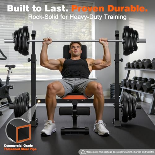 Adjustable Weight Bench with Squat Rack, 770lbs Heavy Duty Olympic Bench Press for Home Gym, Multi-Function Flat Incline Workout Bench Family Strength Training with Removable Foot Catch