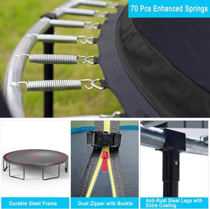 1500LBS 10FT 12FT 14FT 16FT Trampoline for Kids Adults with Basketball Hoop, Enclosure Net, Sprinkler, Lights, Disco Ball with Music Speaker, Heavy Duty Trampoline Outdoor Trampolines - color: Black - 12FT